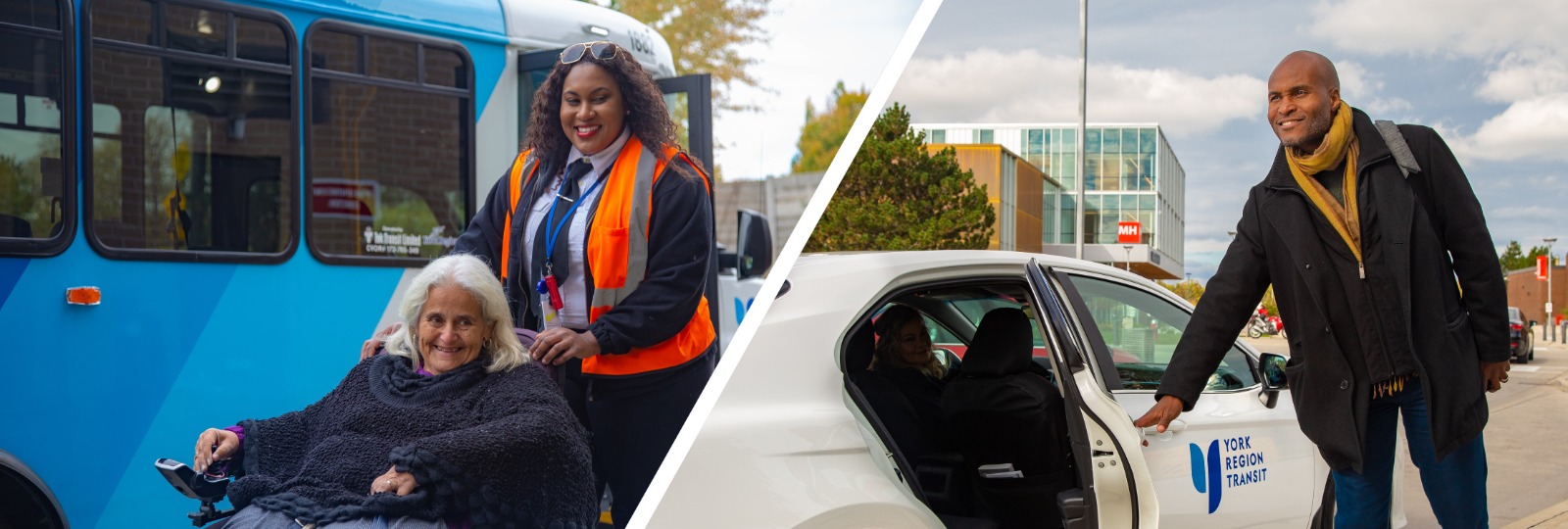 image of YRT driver assisting elderly woman in a mobility device and a man boarding a white vehicle